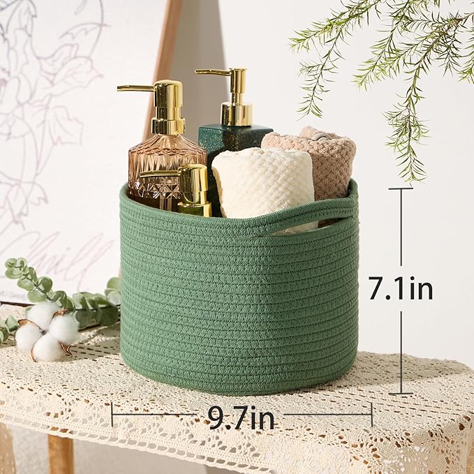 MiniArk Small Basket for Organizing | Cube Shelf Closet Storage Baskets | 9.7×9.7×7.1” | Woven Rope Gift Basket | Nursery | Round 3 Packs Green