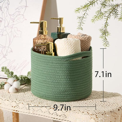MiniArk Small Basket for Organizing | Cube Shelf Closet Storage Baskets | 9.7×9.7×7.1” | Woven Rope Gift Basket | Nursery | Round 3 Packs Green
