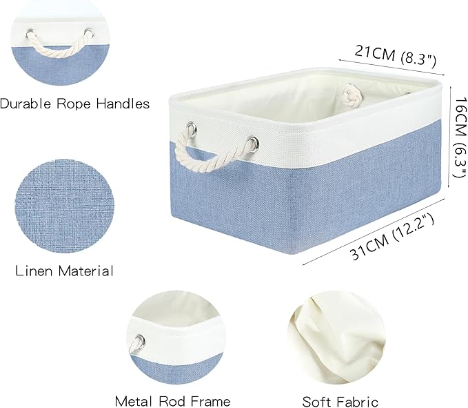Storage Bins with Sturdy Cotton Handles(1 Pack), Fabric Storage Baskets for Organizing use for Office & Home, Book, Clothes, Toys, Closet Boxes (Small, Blue-White, 12.2x8.3x6.3 inches)
