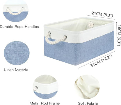 Storage Bins with Sturdy Cotton Handles(1 Pack), Fabric Storage Baskets for Organizing use for Office & Home, Book, Clothes, Toys, Closet Boxes (Small, Blue-White, 12.2x8.3x6.3 inches)