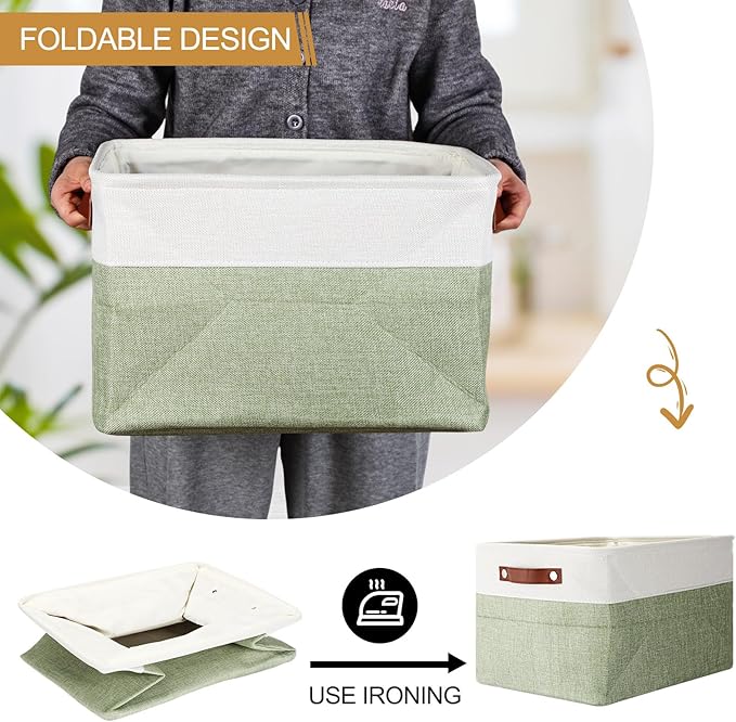 Uiifan 8 Pack 16 x 12 x 10 Inch Large Storage Baskets Collapsible Fabric Storage Cubes Bins with Handles for Shelves Closets Nursery Home Clothes Toys Organizers, Green