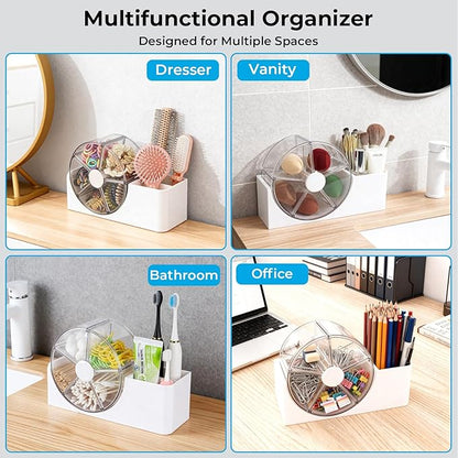 Hair Accessories Organizer for Girls, 2-Slot Hair Brush Holder & 5-Section Rotating Wheel, Cute Makeup Brush Holder for Hair Tile, Clip, Makeup Brush, Earring, Ring, Kids Vanity Accessories (White)