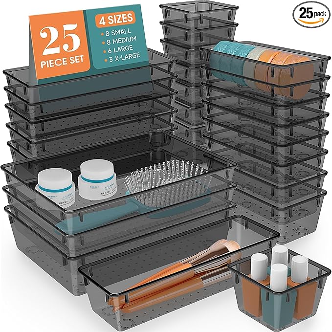 StorMiracle 25 PCS Drawer Organizer Set, 4 Varied Size Bathroom and kitchen Drawer cabinet organizer Trays, Clear Storage Bins for Makeup, Jewelry, Utensils and Gadgets，Black
