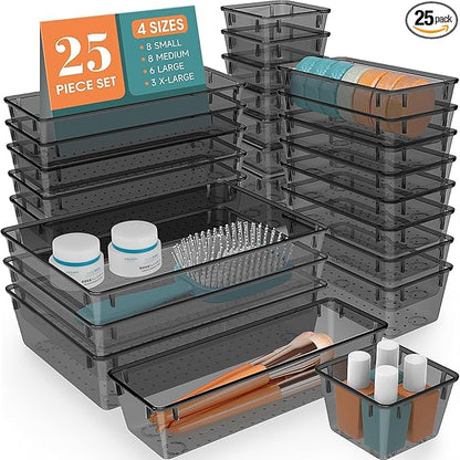 StorMiracle 25 PCS Drawer Organizer Set, 4 Varied Size Bathroom and kitchen Drawer cabinet organizer Trays, Clear Storage Bins for Makeup, Jewelry, Utensils and Gadgets，Black
