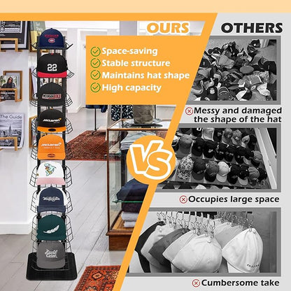 Hat Display 9 Tier, Hat Rack Stand Up to 70 Caps, Metal Hat Stands for Multiple Hats, Commercial Retail Hats Display, Black