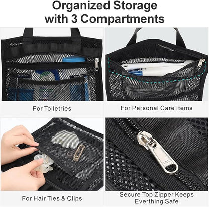 F-color Mesh Shower Caddy Portable Hanging - 3 Pockets Small Shower Bag Tote with Zipper Closure for Camping, Gym Lockers, Travel, Toiletry, Quick Dry Bathroom Essentials with S Hook, Black