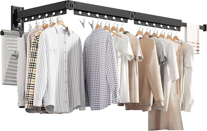 ZdwCyl Wall Mounted Clothes Hanger, Aluminum Clothes Drying Rack, Space Saver, Retractable, Windproof Holes, with Clips