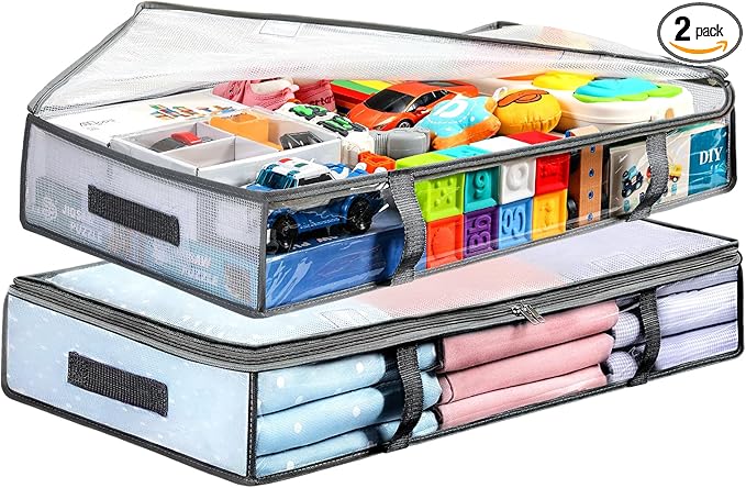 2 Pack Under Bed Storage Containers Bins, Humid-Proof Plastic Underbed Storage Bins, Clothes Storage and Organization Bags, Under the Bed Blanket Storage with Handles for Clothes, Bedroom