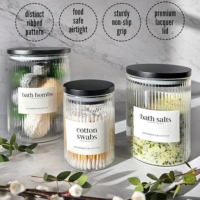 Mason & Fable 3x Ribbed Glass Bathroom Jars with Airtight Black Bamboo Lids | Cotton Pad/Buds/Q tip Holder | Bath Salt/Small Makeup/Apothecary Storage Canister- 10, 20 & 40 fl.oz