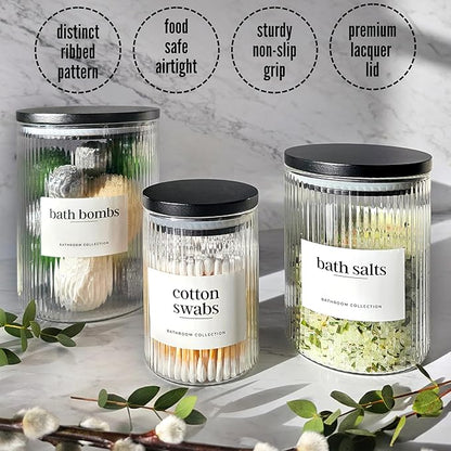 Mason & Fable 3x Ribbed Glass Bathroom Jars with Airtight Black Bamboo Lids | Cotton Pad/Buds/Q tip Holder | Bath Salt/Small Makeup/Apothecary Storage Canister- 10, 20 & 40 fl.oz