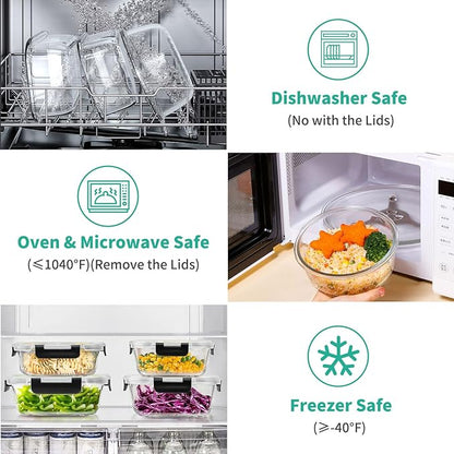 34pcs Glass Food Storage Containers with Lids Set, Airtight Glass Meal Prep Containers (17 Containers & 17 Lids), Leak Proof Lunch Container BPA-Free, Microwave, Oven, Freezer, Dishwasher Safe-Black