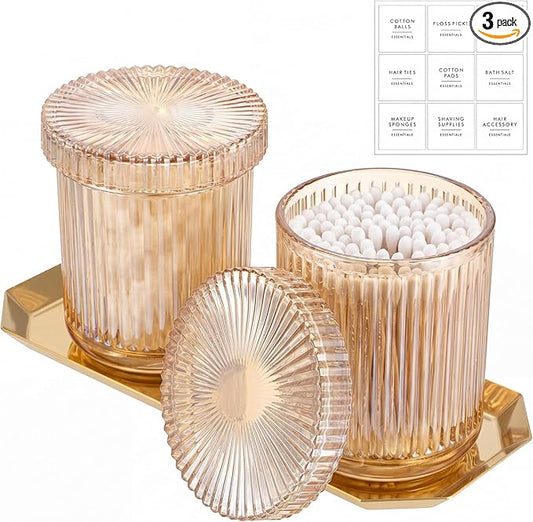 2 Pcs Crystal Glass Candy Jars Set with Lids and Stainless Steel Vanity Tray, Q tip Holder, Apothecary Jars, Glass Bathroom Accessories Organizer, Esthetic Modern Bathroom Decor(Amber)
