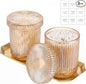 2 Pcs Crystal Glass Candy Jars Set with Lids and Stainless Steel Vanity Tray, Q tip Holder, Apothecary Jars, Glass Bathroom Accessories Organizer, Esthetic Modern Bathroom Decor(Amber)