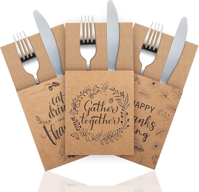 Zhehao 60 Pcs Thanksgiving Cutlery Holder Set Thanksgiving Turkey Utensil Holder Party Utensil Holder Pockets for Autumn Fall Harvest Party Favor Supply Table Decor