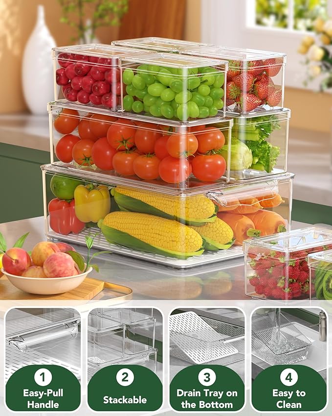 KEMETHY 11 Pack Refrigerator Organizers and Storage, Stackable Fridge Organizer Bins, BPA-Free Clear Plastic Fruit Storage Containers for Fridge, Kitchen, Fruits, Drinks, Produce, Vegetable