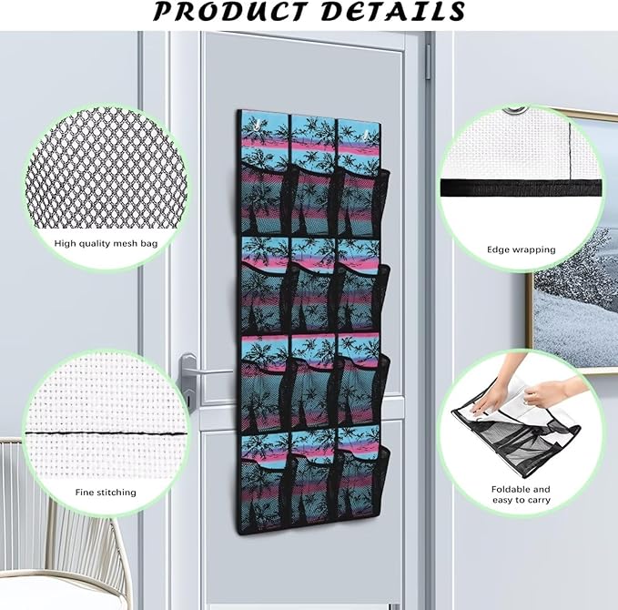 Over the Door Shoe Organizer 12 Large Pockets Hanging Shoe Organizer for Closet Sturdy Oxford Fabric Shoe Hanger Tropical Coconut Palm