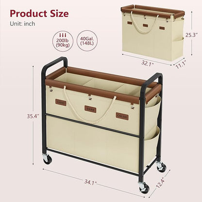 Tajsoon 148L Large Laundry Sorter 3 Section, Laundry Hamper with Heavy Duty Lockable Wheels, Rolling Laundry Cart with Sturdy Metal Frame, Leather Patchwork Laundry Basket with Removable Bag, Beige