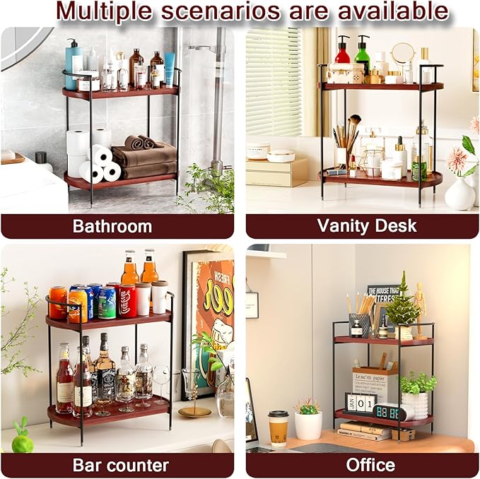 REFGY 2-Tier Bathroom Counter Organizer, Solid Wood-Texture Countertop Storage Shelf for Vanity Decor, Versatile Spice Rack & Coffee Bar Accessories, Non-Slip Makeup Organizer for Bedroom, Brown