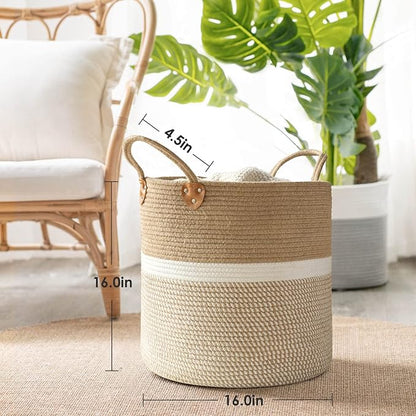 CHICVITA Extra Large Woven Storage Basket with Handles – Laundry Basket Toy Towels Jute Blanket Basket Home Decor Gift, 16" x 16", White