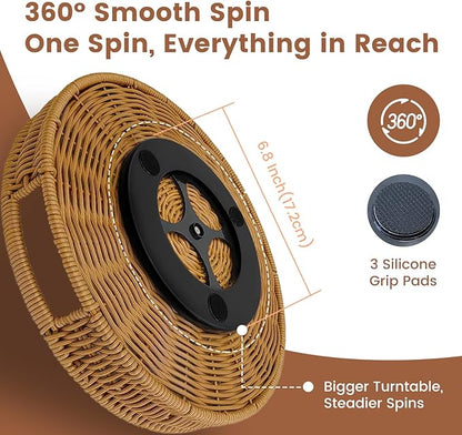 12 Inch Rattan Lazy Susan Organizer for Cabinet, Round Rotating Wicker Turntable Serving Tray with Handles for Kitchen Counter, Coffee Table