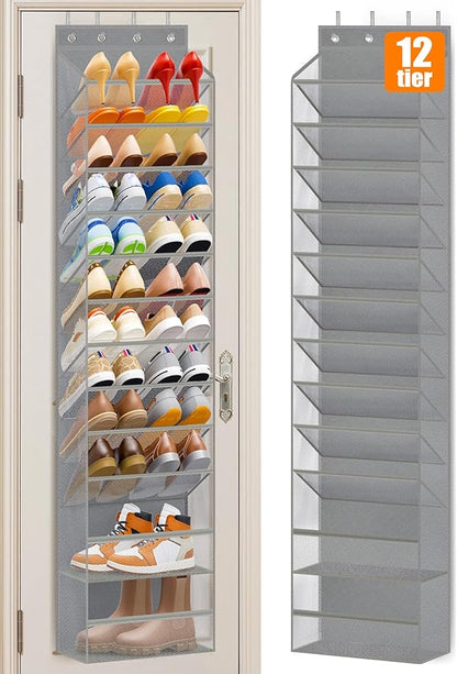 MISSLO 12 Tier Over the Door Shoe Organizer Breathable Mesh Hanging Shoe Rack for Closet Storage Shoe Holder for Door Fit 24 Pairs Sandals, Heels, Boots (Grey)