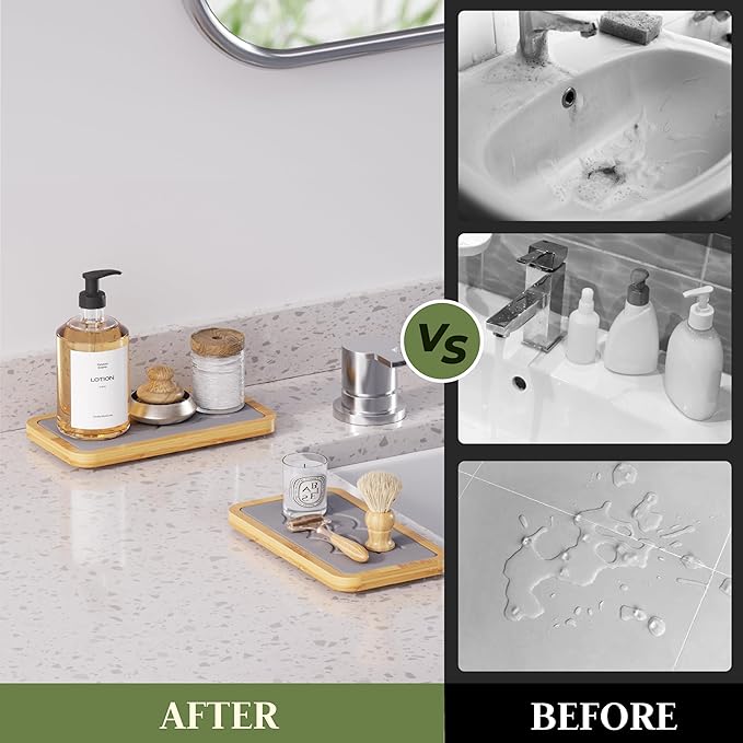 Water Absorbing Stone Tray for Sink, Kitchen Sink Caddy Organizer, Diatomite Bathroom Vanity Counter Tray, Soap Dispenser Sponge Holder, Fast Drying Stone Faucet Mat with Bamboo Tray