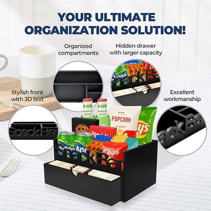 Snack Bar Organizer – Black 3 Compartment Station with Drawer, Countertop Pantry Organizer for Kitchen, Office Food Holder, Candy Storage Bin, Display Stand, Cabinet Tray & Shelf