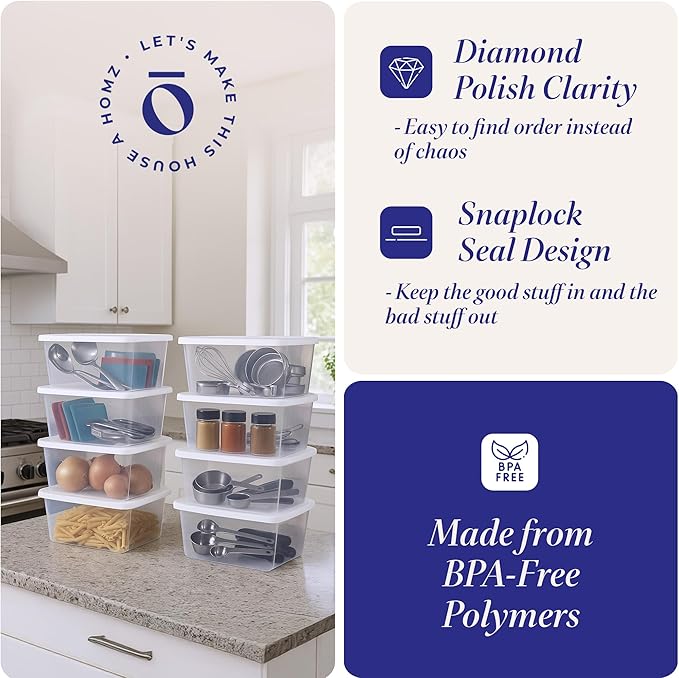 HOMZ 10-Pack Snaplock, Small Clear Plastic Storage Organizer Bins w/ Lids, 6 Quart, White - Stackable Container Boxes for Bedroom, Bathroom, Garage, and Office Organization