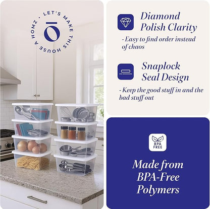 HOMZ 10-Pack Snaplock, Small Clear Plastic Storage Organizer Bins w/ Lids, 6 Quart, White - Stackable Container Boxes for Bedroom, Bathroom, Garage, and Office Organization