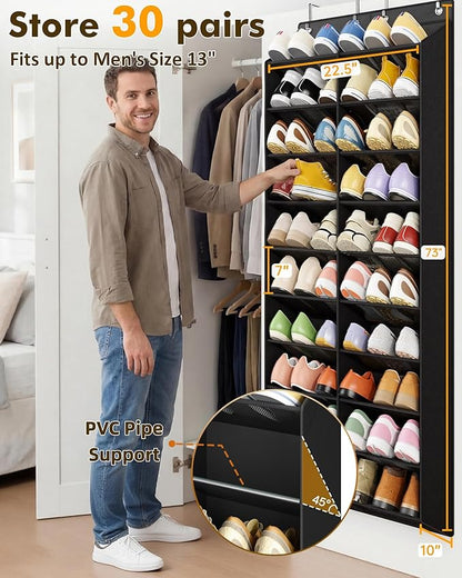 20-30 Pairs Over the Door Shoe Organizer, 10 Tiers Shoe Rack for Door, Hanging Shoe Organizer Storage for Closet, Bedroom, Bathroom with Wider & Deeper Pockets, Black