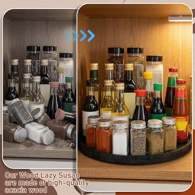 20'' Wood Lazy Susan for Countertop Acacia Large Turntable Rotating Serving Tray for Table Top Non Skid Kitchen Tray Revolving Condiment Spice Rack Table Organization Storage, Black