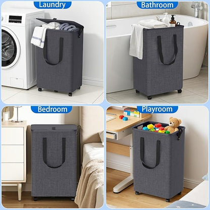 Laundry Basket with 5 Wheels, Tall Dirty Laundry Hamper, Rolling Laundry Basket with Lid, Large 90L Collapsible Clothes Hamper for Laundry Room Bedroom Bathroom Dorm, Light Gray