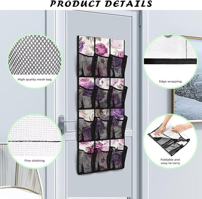 Over the Door Shoe Organizer, Rose 12 Large Breathable Mesh Pockets Behind the Door Storage Organizer Space Saving Hanging Storage Bag No Drill Door Rack for Shoes and Accessories