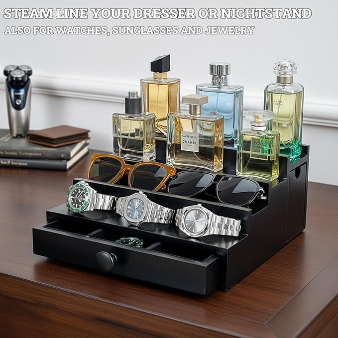Wooden Cologne Organizer for Men 4 Tier | Black Perfume Holder Shelf for Dresser | High Grade Velvet Lining and Stylish Gift Box | Uncluttered Design Perfume Display Stand