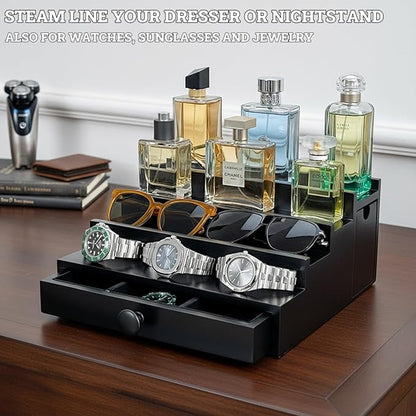 Wooden Cologne Organizer for Men 4 Tier | Black Perfume Holder Shelf for Dresser | High Grade Velvet Lining and Stylish Gift Box | Uncluttered Design Perfume Display Stand