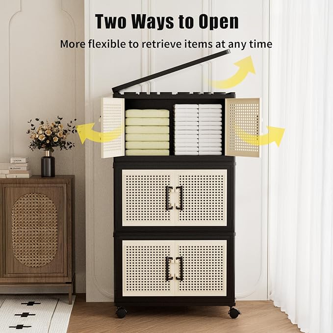 Storage Bins with Lids, Stackable Storage Containers with Lids, Collapsible Plastic Bins, Closet Organizers and Storage with Wheels and Magnetic Door for Home Office Dorm (3 Pack)