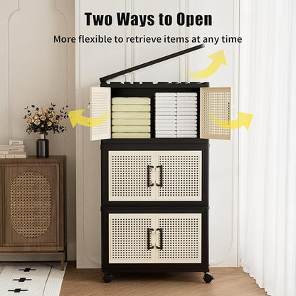 Storage Bins with Lids, Stackable Storage Containers with Lids, Collapsible Plastic Bins, Closet Organizers and Storage with Wheels and Magnetic Door for Home Office Dorm (3 Pack)