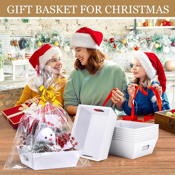 AFOROEOA 10PACK Baskets For Gifts Empty, 10 x 8”Thick White Gift Basket with 10 Clear Gift Bags and 10 Pull Bows, Empty Gift Baskets for Christmas, Thanksgiving Wedding Birthday Party Wrapping Gift