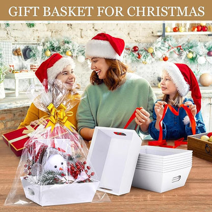 AFOROEOA 10PACK Baskets For Gifts Empty, 10 x 8”Thick White Gift Basket with 10 Clear Gift Bags and 10 Pull Bows, Empty Gift Baskets for Christmas, Thanksgiving Wedding Birthday Party Wrapping Gift