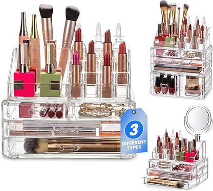 Masirs Clear Makeup Organizer - 16-Compartment Cosmetic and Jewelry Holder with 4 Drawers - Vanity Storage Box for Makeup, Skincare, Accessories, and Jewelry Display