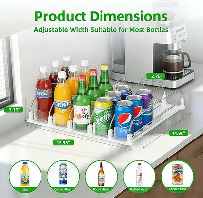 White Fridge Organizer, Automatic Can Dispenser & Drink Rack - Holds up to 25 Cans (12oz/16oz/20oz), Adjustable Gliding Soda & Beer Organizer for Refrigerator - Space Saving Kitchen Storage