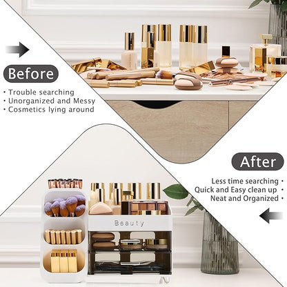 Makeup Organizer for Vanity with Brush Holder, Countertop Makeup organizer with Drawers for Skincare, Cosmetics, Perfumes, Eyeshadow Palettes, Spacious Cosmetic storage organizer