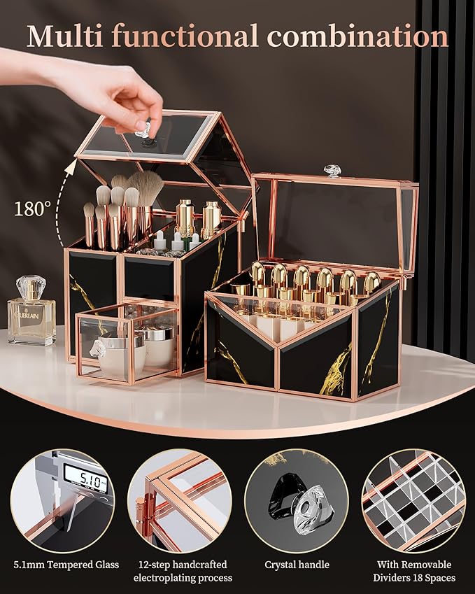 CoralHouse black makeup organizer – Vanity Holder with 18-Slot Lipstick Organizer & Covered Makeup Brush Holder – Skincare, Perfume & Cosmetic Display for Bathroom or Dresser