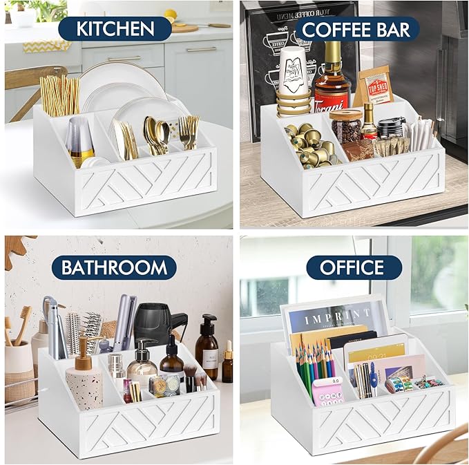Ukonvi Paper Plate Dispenser, Paper Plate Holder for Kitchen Counter, Wood Rustic Silverware Utensil Caddy, Cutlery Flatware Organizer Box for Cups Spoons Forks Plates Napkins, Kitchen Accessories