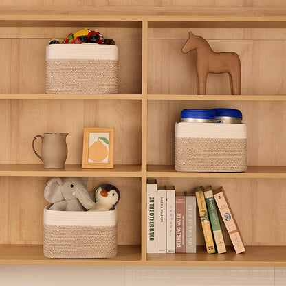 MiniArk Small Organizing Baskets for Cubes Shelf, 9.7x9.7x7.1 Inch Rope Woven Storage Bins for Nursery Shelves Storage, Cute Toy Basket, Square 3 Packs Off White Brown