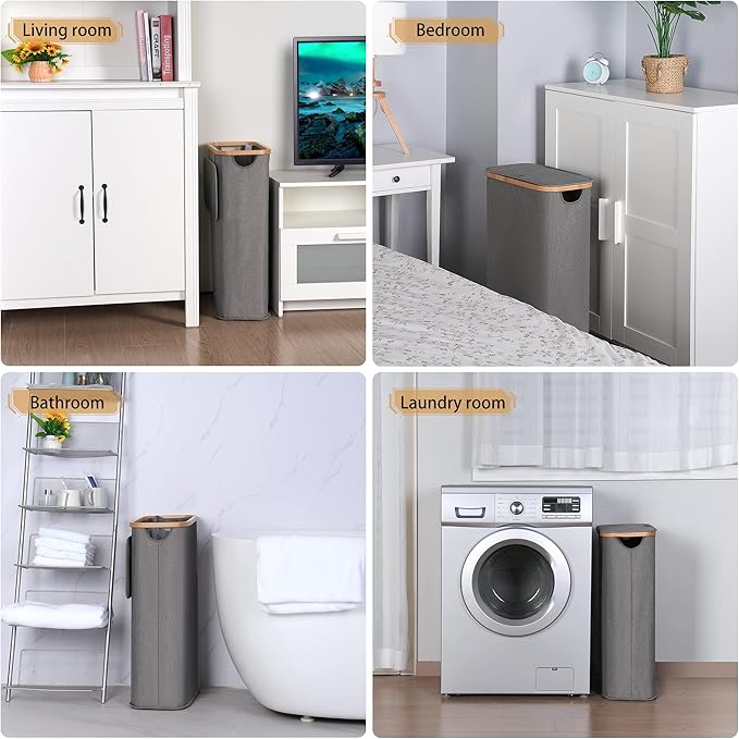 iEGrow 65L Slim Laundry Hamper, Narrow Laundry Basket with Lid,Foldable Clothes Hamper with Bamboo Handles,Hamper Basket with Removable Inner Bag for Laundry Room Bedroom College Dorm,17.17 Gals Grey