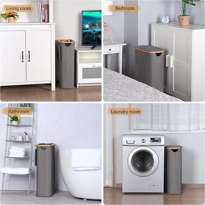 iEGrow 65L Slim Laundry Hamper, Narrow Laundry Basket with Lid,Foldable Clothes Hamper with Bamboo Handles,Hamper Basket with Removable Inner Bag for Laundry Room Bedroom College Dorm,17.17 Gals Grey