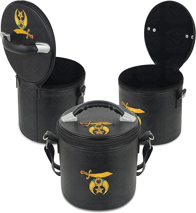 Shriner Black Fez Case – Premium Faux Leather Regalia Bag with Machine Embroidered Emblem, Handle & Shoulder Strap – Masonic Storage Case