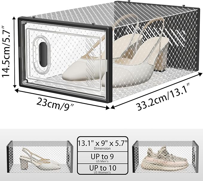 SIMPDIY Shoe Storage, 12 Pack Shoe Organizer for Closet, Shoe Boxes Clear Plastic Stackable Shoe Containers with Lids for Size 10, Black