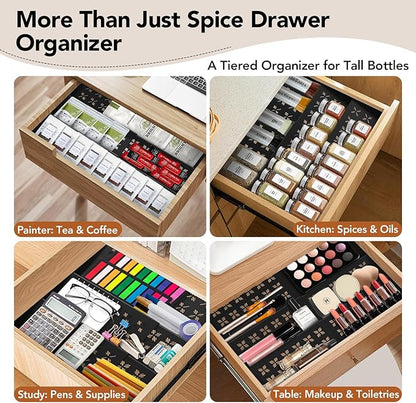 Spice Drawer Organizer 3-Tier Expandable (11"-22" Wide), Spice Rack for Cabinet with Funnel & Spice Labels, Fits Large Jars, Seasoning Storage Insert Design for Cabinet & Drawer (Black)